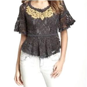 Free People lace green yellow flounce peplum boho romantic feminine top Size XS